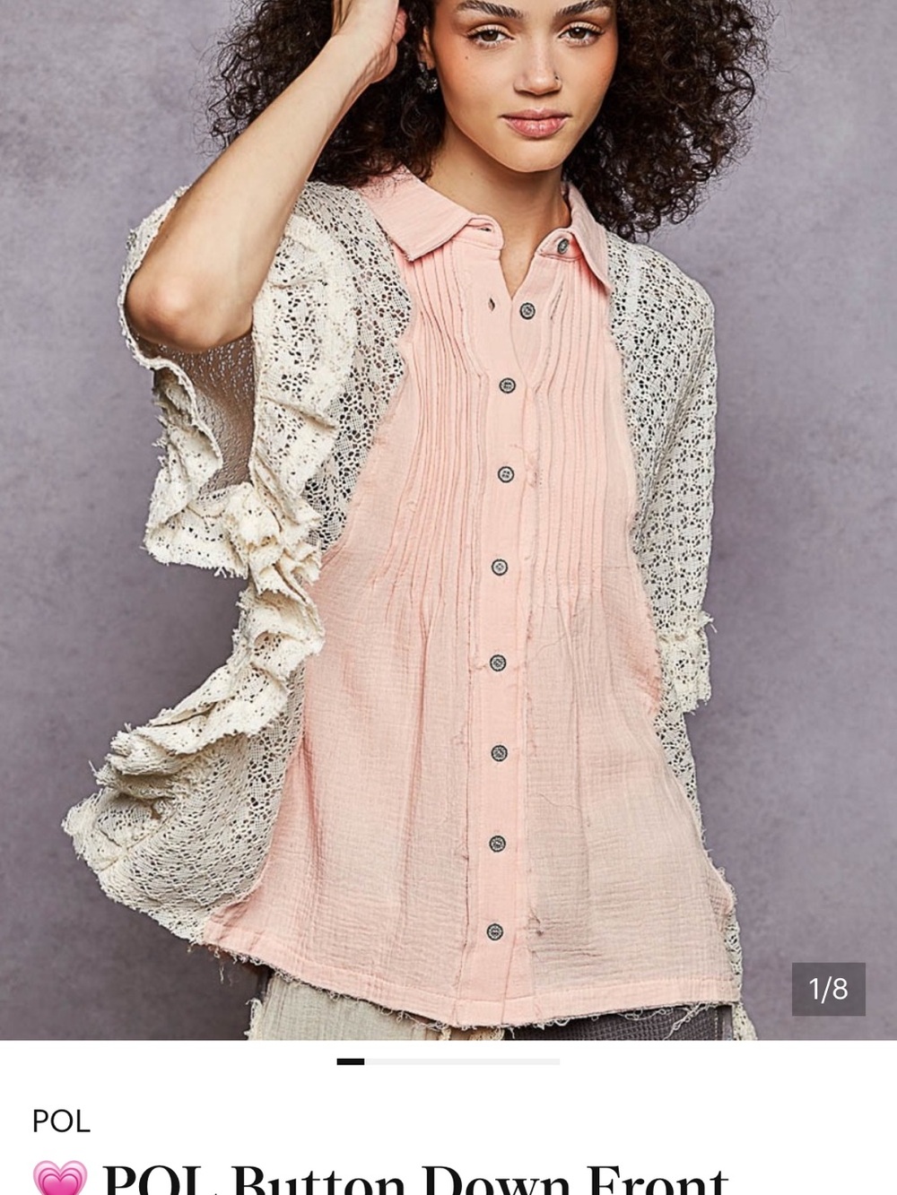 POL Pink Button-Up Top with White Crochet Overlay